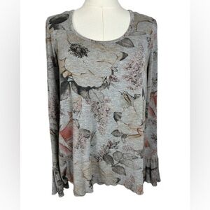 Chaser Floral Print Long Sleeve Top - Gray and Pink Size S